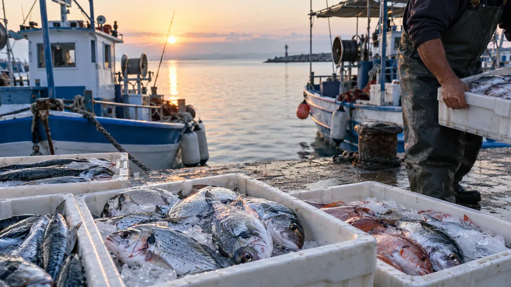 Lăzi cu pește proaspăt descărcate în port, în Grecia